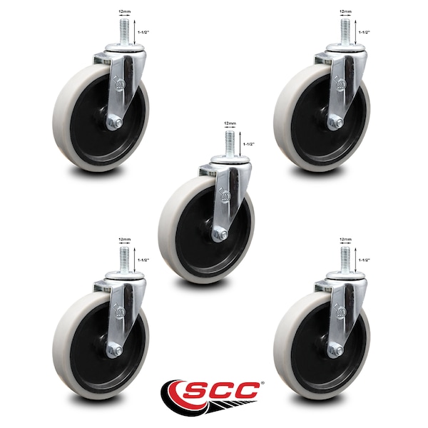 5 Inch Thermoplastic Rubber Wheel 12mm Threaded Stem Caster SCC, 5PK